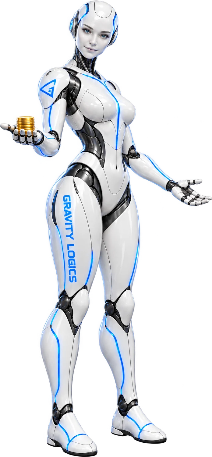 The Gravity Logics robot offering a stack of gold coins, money saved on ads